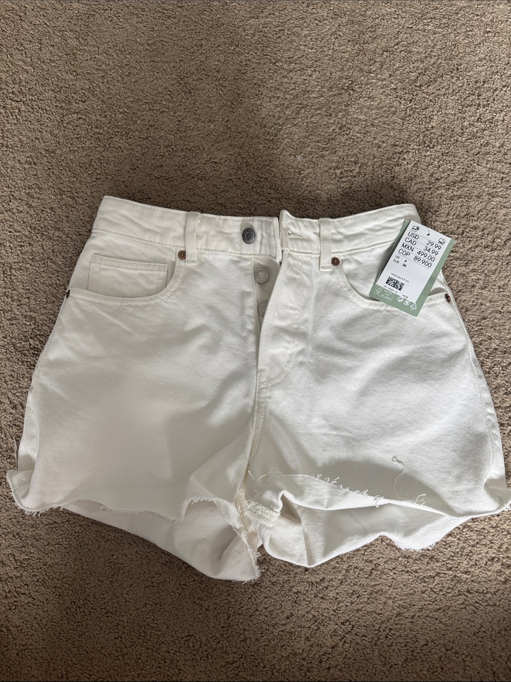 H&M White High-Rise Raw Hem Denim Shorts